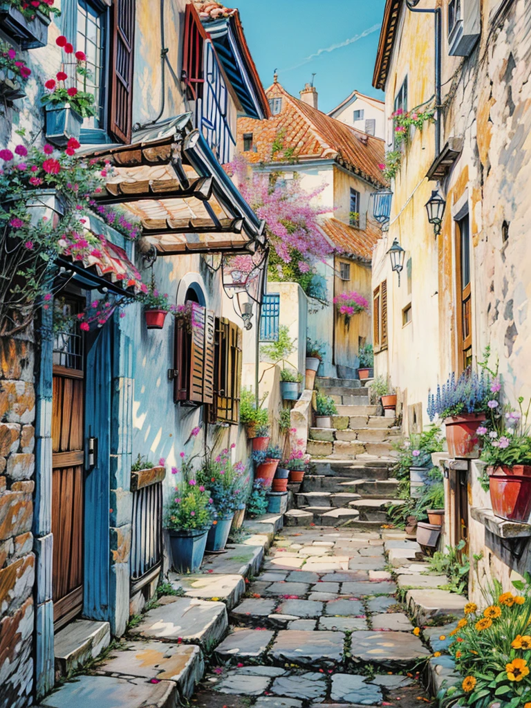 a painting of a narrow street with ted flowers, by Frances Jetter, greek art, by Demetrios Farmakopoulos, narrow street, ancient mediterranean village, greece, colorful landscape painting, gorgeous painting, architectural painting, vibrant gouache painting scenery, colorfull painting, colorful painting, mediterranean fisher village, beautiful painting, narrow streets, art painting, vibrant painting, greek architecture, 4k hd,, beautiful art uhd 4 k, a beautiful artwork illustration, beautiful digital painting, highly detailed digital painting, beautiful digital artwork, detailed painting 4 k, very detailed digital painting, rich picturesque colors, gorgeous digital painting