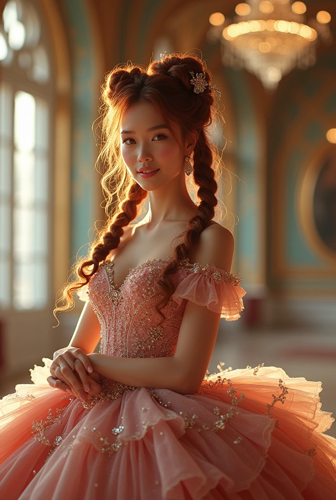 dramatic composition, court style dresses, real, marvelous, volantes em cascata, volantes, arcs, crystal chandeliers, Roman Curly Hairstyles, will put, double ponytails like drills, Look to the camera, bangss, maximalism, palace background, delicate portrait of hair and eyes, Princess Dresses, marvelous skirts, flowers in hand, smile, starry eyes, cinematic light, extreme detail, High definition, happy girl, pretty long hair, diamonds, broken diamonds, crystal fragments, light particles