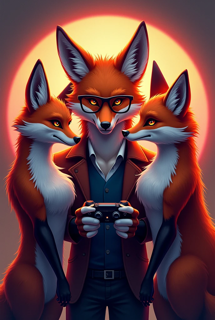 A logo with two sexy female foxes and a strong male fox wearing glasses in the middle holding a video game controller, Written by Epic Game Designer