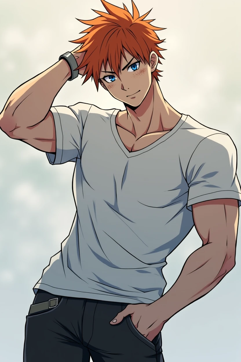 a muscular man with orange hair, blue eyes, Freckles, dressed in a white t-shirt and black leggings, a beautiful anime masterpiece, photorealistic, high quality, 8k, super detailed, cinematic lighting, bright colors.