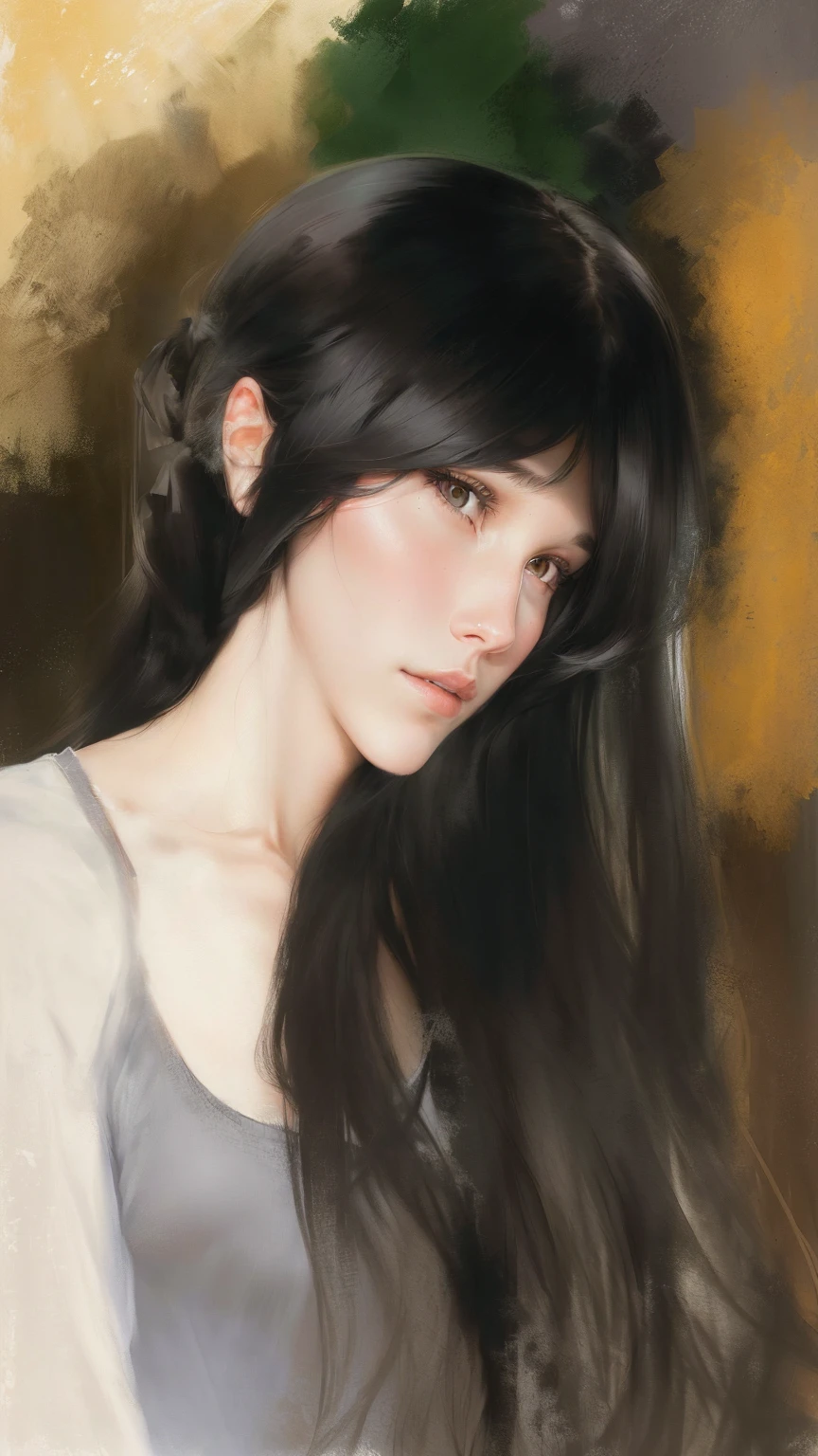 A portrait of a woman with long hair wearing a gray shirt, # 史上最伟大的 1 幅Digital Painting, #史上最伟大的 1 幅Digital Painting, 艺术Digital Painting, 风格Digital Painting, Numerical portrait, Painting in an anime artist studio, Digital Painting, Digital Painting, 一幅富有表现力的Digital Painting, Produced in collaboration with Anime Painter Studio, 软Digital Painting, Digital Style