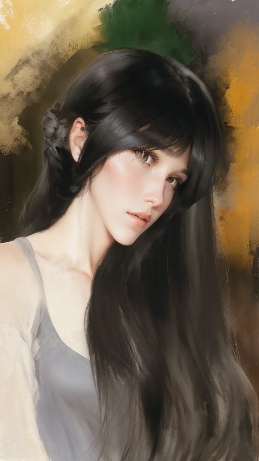 A portrait of a woman with long hair wearing a gray shirt, # 史上最伟大的 1 幅Digital Painting, #史上最伟大的 1 幅Digital Painting, 艺术Digital Painting, 风格Digital Painting, Numerical portrait, Painting in an anime artist studio, Digital Painting, Digital Painting, 一幅富有表现力的Digital Painting, Produced in collaboration with Anime Painter Studio, 软Digital Painting, Digital Style