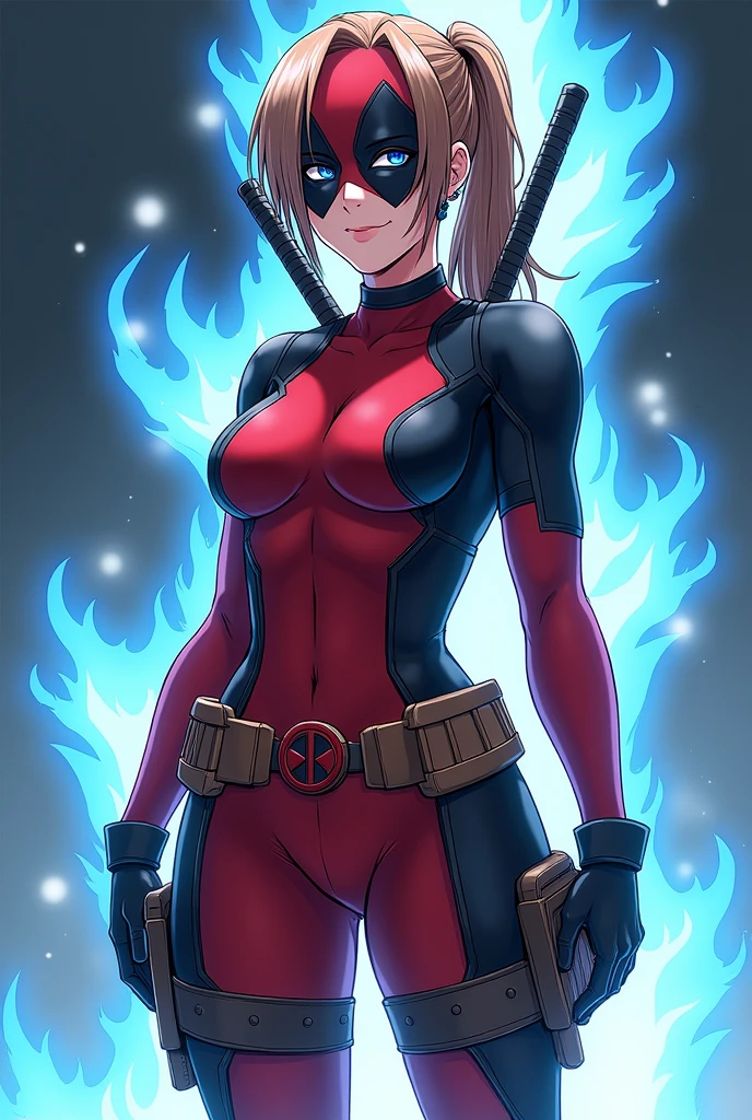 Light brown haired woman, White skin, Hansel eyes, hero suit deadpool, hourglass body, with blue flames behind, Anime my hero academia, with the company of Bakugou Katsuki