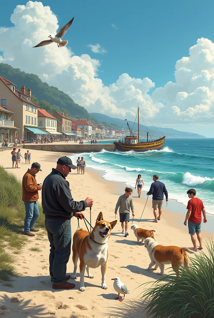 - animaux : domestiques et sauvage
- environnement : bord de mer
L’idée du dessin :
- professionnel de la mer en action de pêche ou qui décharge mais nous sommes à Ambleteuse pour exprimer une des communes du littoral et du parc
- public qui pêche la moule ou la crevette
- public qui essaie d’appréhender une mouette blessée ou autres
- plusieurs personnes qui se promène avec plusieurs chiens (on doit clairement être sur une plage)