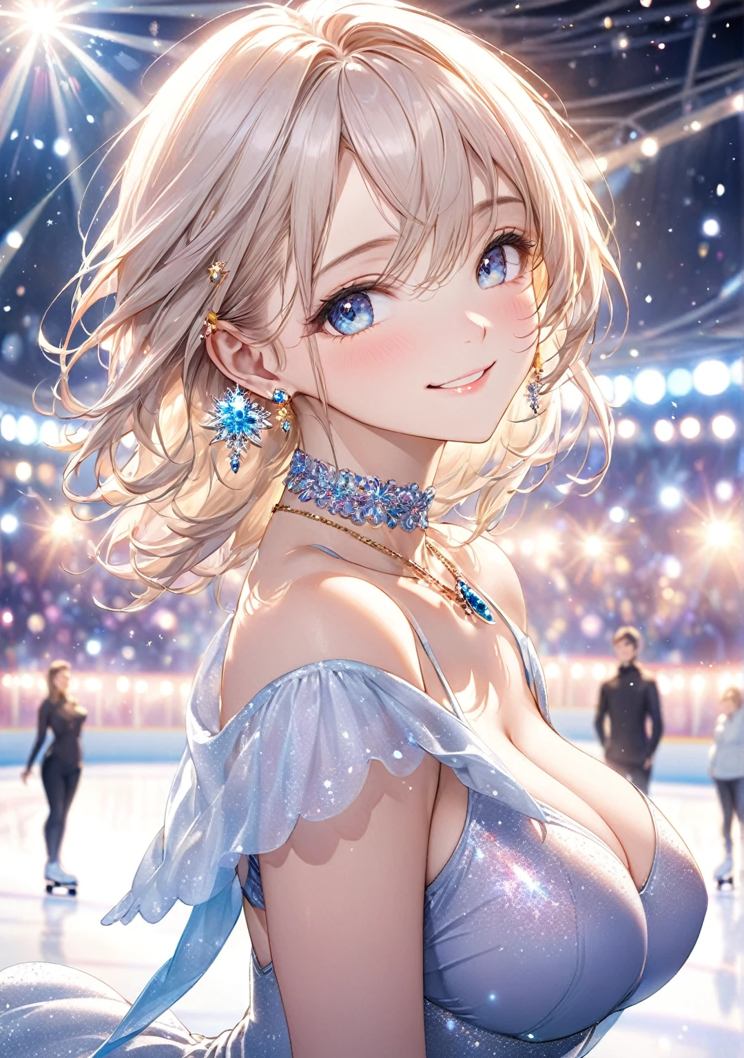 (Highest quality,8k,32K,masterpiece,Ultra-high resolution :1.2 ),born,One person,Super cute,Natural light,Clear, shining eyes,20-year-old,Fair skin,Fantasy background of a figure skating rink,Large Breasts,Eyes sparkle,Face scale up,Close up on face,smile,Earrings,necklace