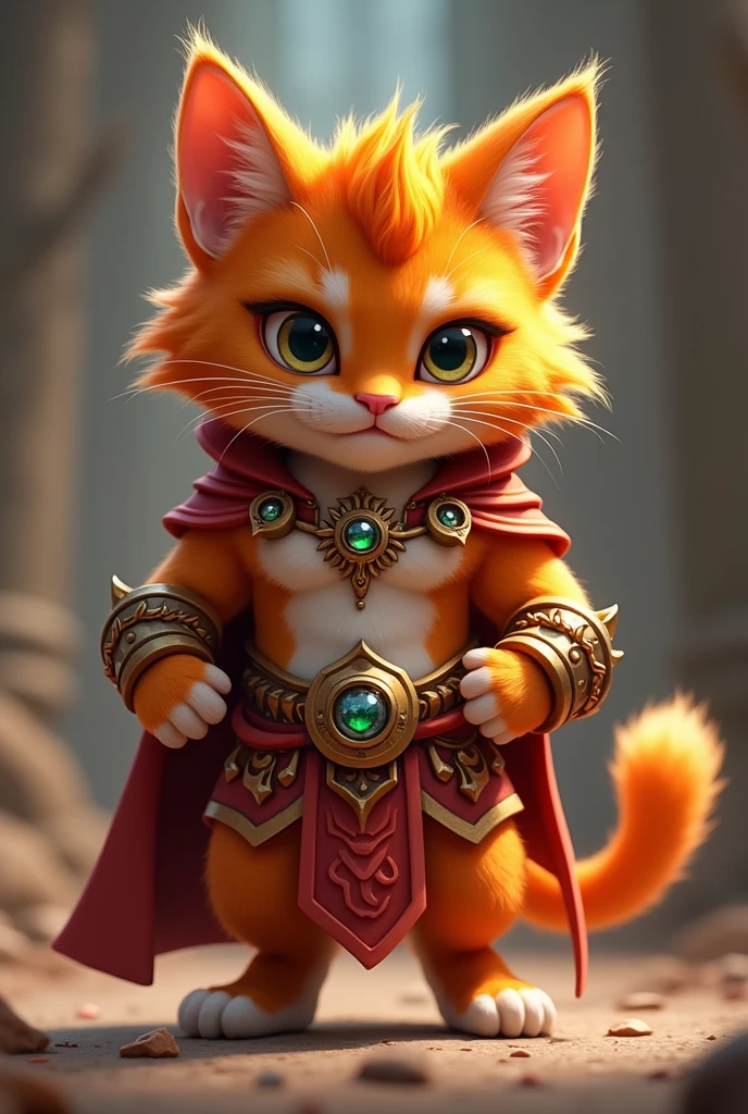 Orange animated kitten dressed as Rakan from League of Legends, but very masculine, looking more like the champion Rakan from League of Legends.