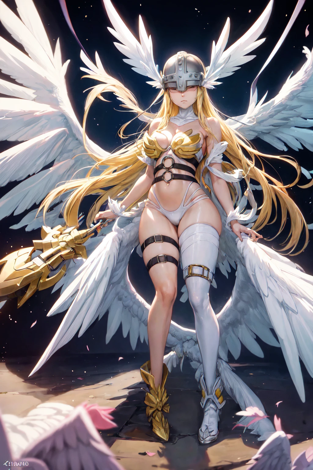 cuerpo completo, angewomon, long hair, breasts, blonde hair, large breasts, huge breasts, ribbon, navel, cleavage, bare shoulders, closed mouth, wings, o-ring, belt, thigh strap, helmet, head wings, feathered wings, facing viewer, angel wings, white wings, asymmetrical clothes, covered eyes, multiple wings, digimon (creature), winged helmet, anime screencap, (obra maestra:1.1), (La mejor calidad:1.1), (Colores vivos:1.1)