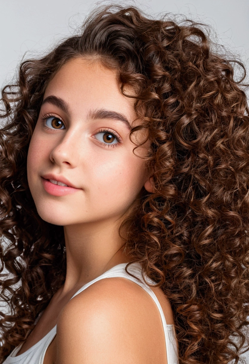 Create an innovative and fun profile picture for a brunette woman with curly hair, big honey eyes, small mouth, download and is 18 years old and is a digital influencer 