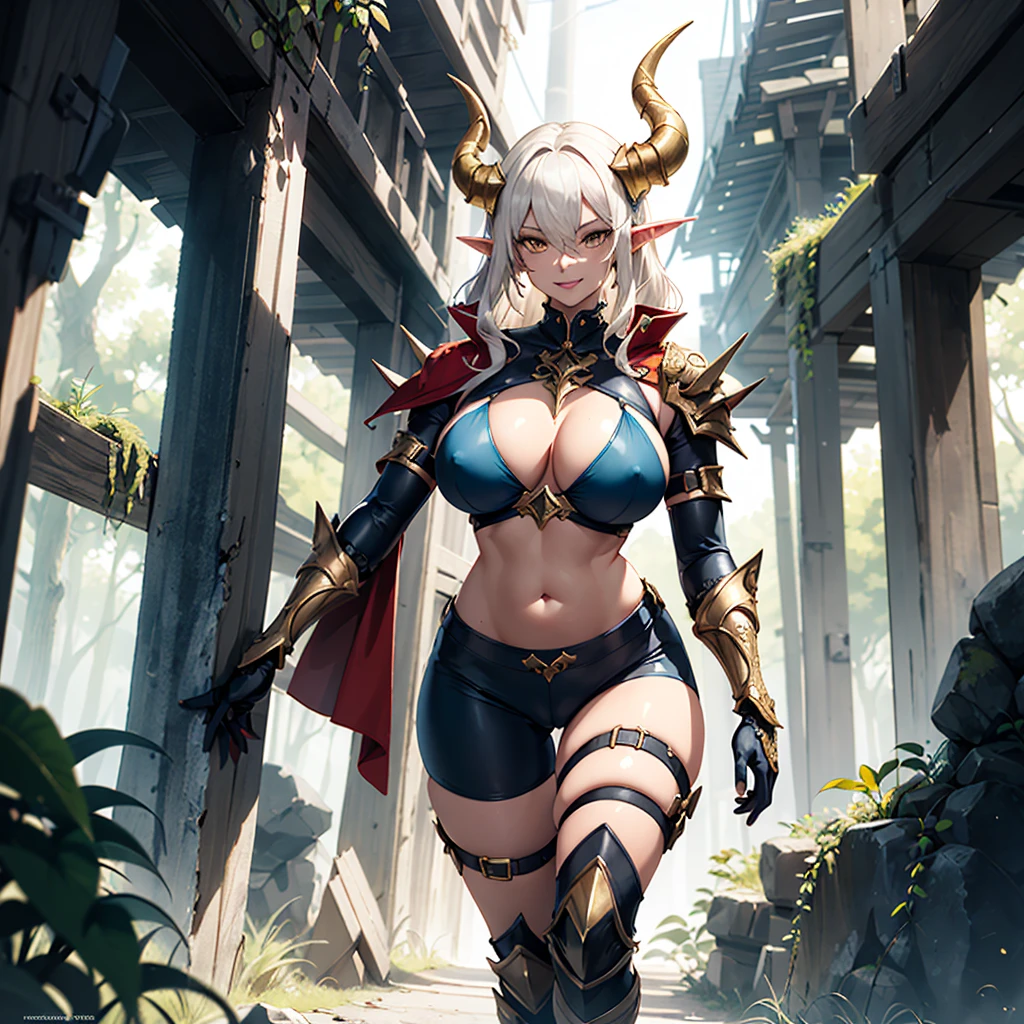 ((best quality)), (detailed), 1 women big pornstar heavy knight armor, 8k_wallpaper, extremely detailed eyes, (large masterpiece digital art), (intricate details:1.3 ), (ultra-detailed:1.3), (sharp focus:1.3), (natural lighting:1.05), (vivid colors:1.3), (best quality:1.4), expressive eyes, full body, detailed face, beautiful face, perfect face, ((hair sandy white curls)), ((gold horns)), (gold eyes), {{dark skin}}, ({dark skinned female}), big breasts, huge chest, big wide ass, powerful relief muscles of the abdomen and legs, powerful strong muscles of the arms, belly piercing with blue emeralds, cruel predatory and cold-blooded arrogant look and smile, an open red coat with rolled up sleeves, a translucent blue crop top very clear outlines of huge pointed nipples with large piercings under the fabric, steel combat pauldrons, steel bracers and leather gloves, leather shorts under which I can see the clear outlines of a big vagina, walks along the path against the backdrop of a ruined elf village and flowering vines and wild forests, style fantasy and adventure world,