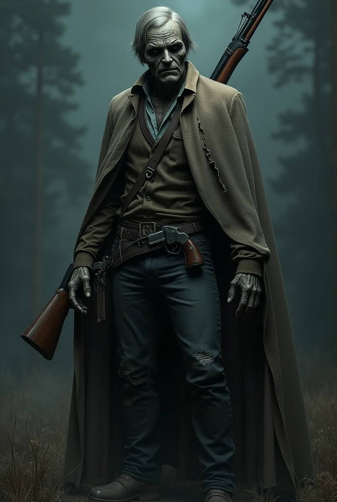 les deux, mort-vivant , mort-vivant cowboy , Cheveux courts , long manteau déchiré , Tout le corps , mort-vivant , Longue cape déchirée , envelopper , la nuit , mort-vivant features , se tient directement devant le spectateur, inspiré du jeu vidéo: hunt showdown, holster avec un colt, fusil type winchester dans le dos avec une bandoulière