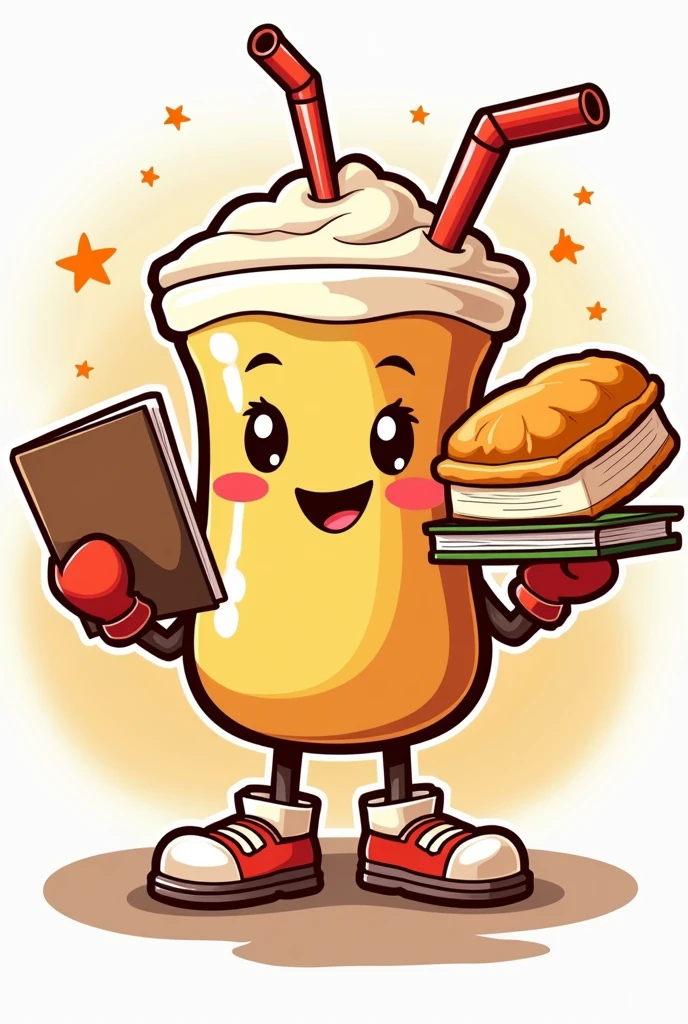 Please create a mascot that is a drink holding a coxinha and a bookmark in a Cartoon style for a logo.
