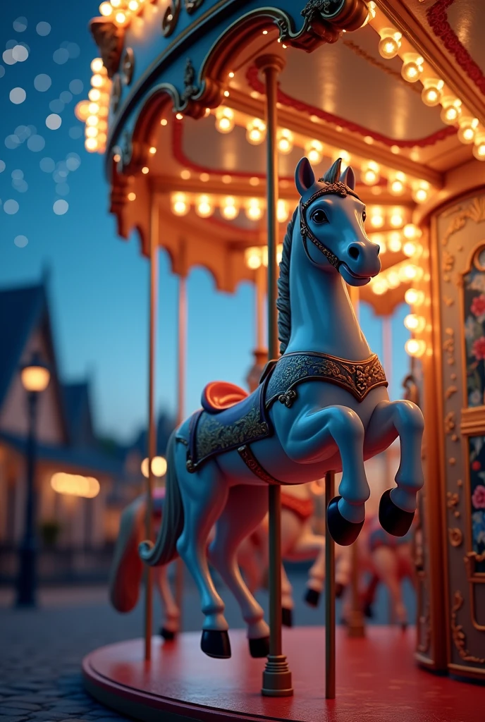 a carousel at nigth with closer look of the horse’s shine with the dim lights 