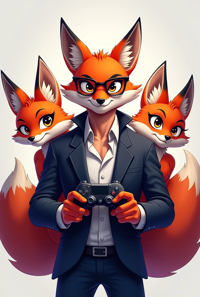 A logo with two sexy female foxes and a strong male fox wearing glasses in the middle holding a video game controller, Written by Epic Game Designer