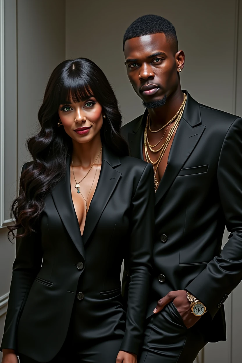 Stunning medium shot photograph of an African American couple 1 handsome black man with short fade haircut luxury black camsa, 1 beautiful Latin woman with dark skin chocolate color eyes looking at viewer emerald green color, seductive big body balanced , perfect beauty, long silky hair with waves, romantic scene