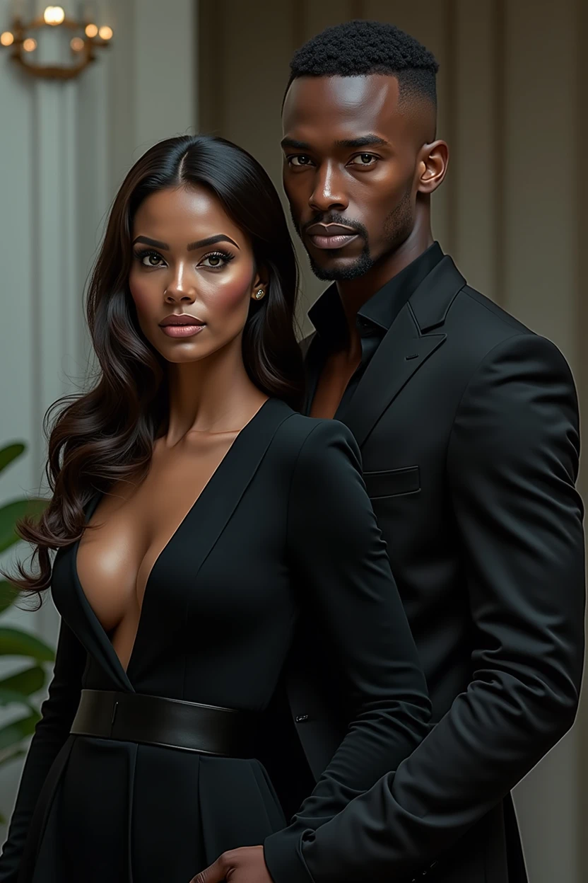 Stunning medium shot photograph of an African American couple 1 handsome black man with short fade haircut luxury black camsa, 1 beautiful Latin woman with dark skin chocolate color eyes looking at viewer emerald green color, seductive big body balanced , perfect beauty, long silky hair with waves, romantic scene