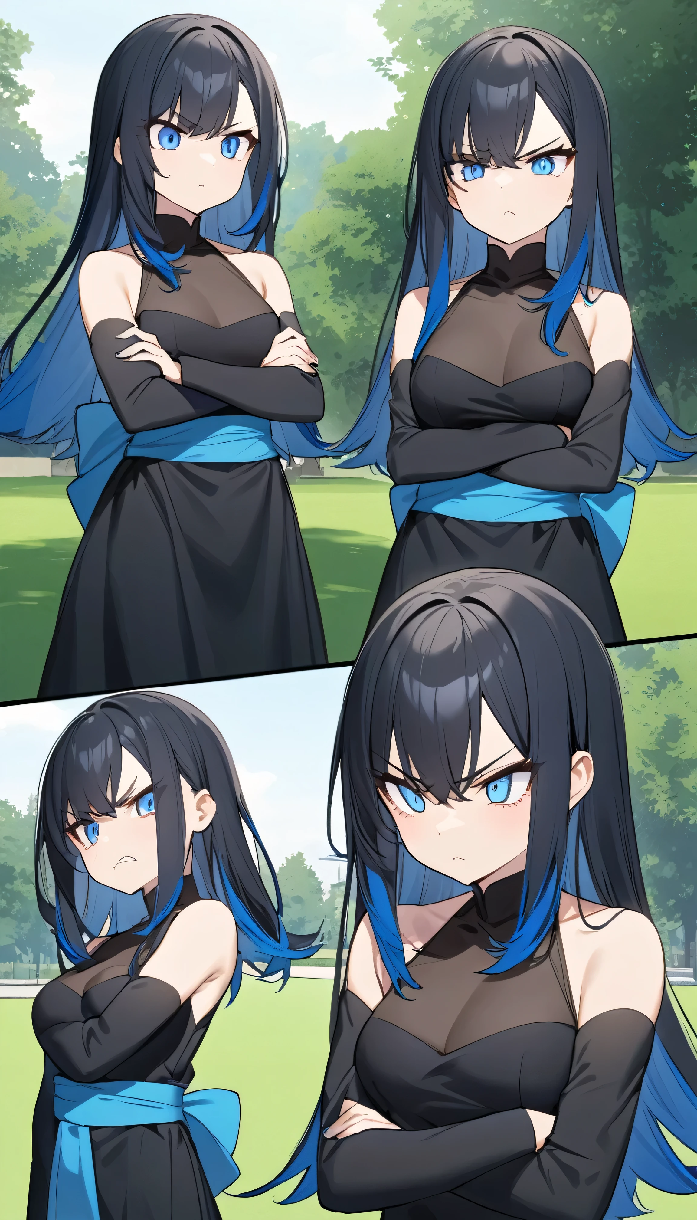 White girl with black hair with blue tips, straight, short, shoulder length, wearing a long black dress with a blue sash ((Shoulders exposed)) ((blue colored eyes)) is standing in a park, arms crossed angry angry face, light skin small mouth.