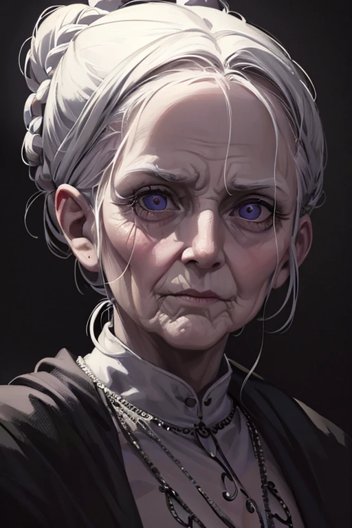 A mysterious elderly woman, 70 years old, wrinkled face, white bun hairstyle, mystical and frightening bohemian witch, clear eyes, intricate detailed portrait, oil painting, cinematic lighting, dark moody atmosphere, rich color palette, dramatic shadows and highlights, photorealistic, 8k, masterpiece
