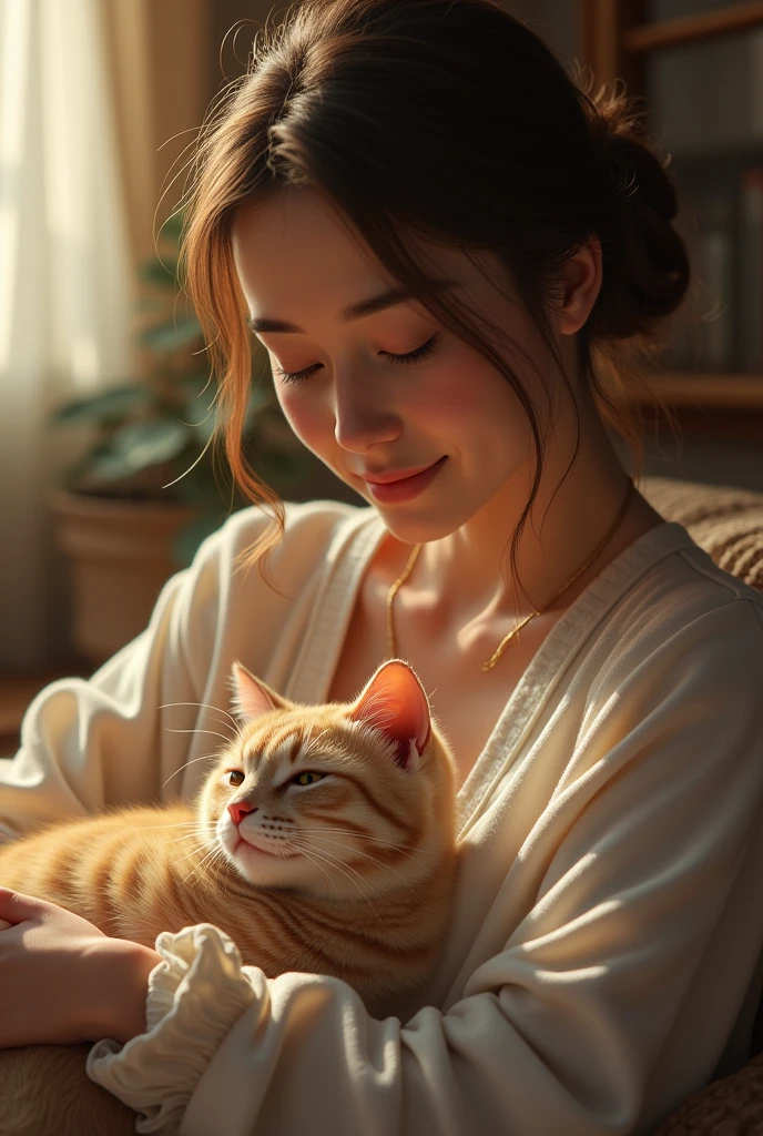 A woman with a cat in her lap petting it