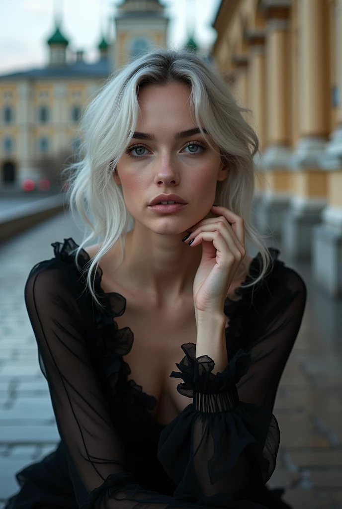 Beautiful girl with white skin, light gray hair, with bright shining eyes, Shiny skin, beautiful black manicure, Beautiful nails, pearl skin, In a black dress, beautifully detailed fingers, professional photo, 4K, a high resolution, high detail, realistic, looks straight, is sitting, Against the backdrop of St. Petersburg
