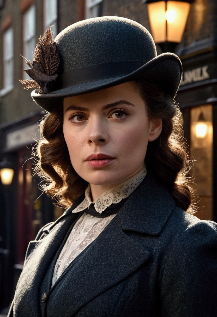 Hayley Atwell as Sherlock Holmes, 1girl, detective, beautiful detailed eyes, beautiful detailed lips, extremely detailed face, long eyelashes, elegant victorian dress, serious expression, deerstalker hat, pipe, investigative pose, london streets, gaslight, moody lighting, cinematic, dramatic shadows, rich colors, exquisite details, photorealistic, 8k, best quality, highly detailed, masterpiece