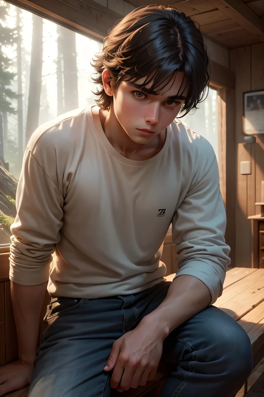 a 19 year old boy with brown short mullet hairstyle, sad and depressed and tired expression, wearing simple brown black and white clothes, portrait in a cabin in a forest, wild nature, (best quality,4k,8k,highres,masterpiece:1.2),ultra-detailed,(realistic,photorealistic,photo-realistic:1.37),HDR,UHD,studio lighting,ultra-fine painting,sharp focus,physically-based rendering,extreme detail description,professional,vivid colors,bokeh