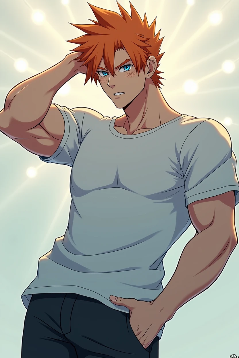 a muscular man with orange hair, blue eyes, Freckles, dressed in a white t-shirt and black leggings, a beautiful anime masterpiece, realistic, high quality, 8k, super detailed, cinematic lighting, bright colors.