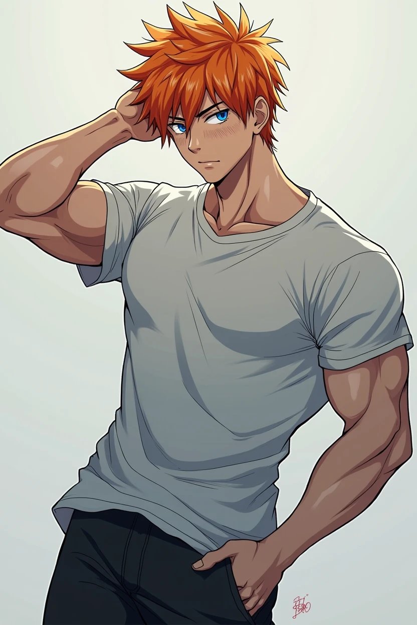 a muscular man with orange hair, blue eyes, Freckles, dressed in a white t-shirt and black leggings, a beautiful anime masterpiece, realistic, high quality, 8k, super detailed, cinematic lighting, bright colors.