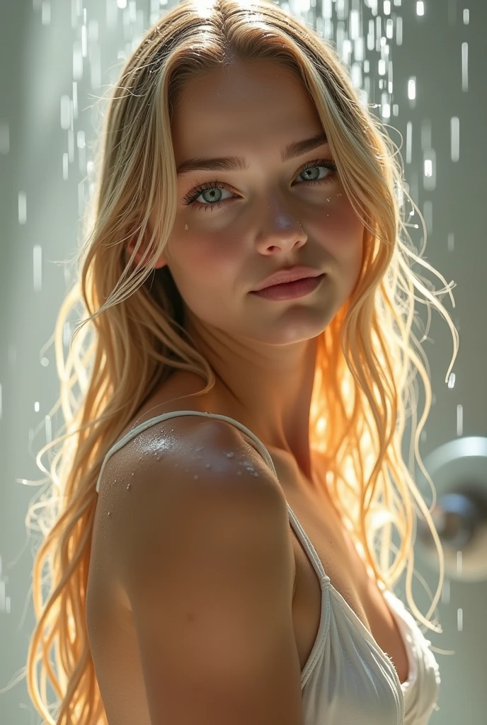 masterpiece, best quality, 18 year old Russian girl, young, Hands in Esposas (WomanWifeBlonde , wavy, Medium length hair without styling, Bracelet on left wrist, Necklace around the neck, His skin was covered with goose bumps., pretty face, thin body, shapely legs, tears in the eyes, Apply mascara around your eyes. ,Stunned, frightened look , tears, Hysterism, fear, Requests for mercy,sunny weather,bionde,sun tanning,((sunglasses)),((under shower )),(showing vagina),NUDE