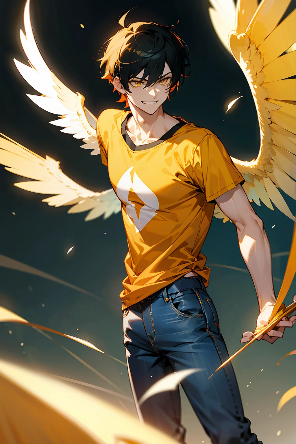 1male, Young Adult, Light Orange Hair, Pitch Black Hair, Two Toned Hair, Short Hair, Yellow eyes, Disheveled Hair, Radiant, T-Shirt, Jeans, Smirk, Masculine, Beautiful Lighting, Angel Wings, Flying