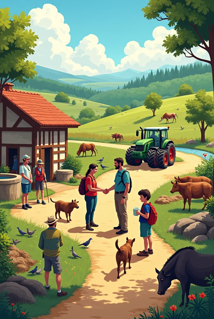 Public qui inter agit  avec des professionnels

- hommes : public et agriculteur
- animaux : vaches laitières donc une avec un jeune veau qui tête et chiens domestiques et un cheval boulonnais
-environnement corps de ferme et environnement de proximité du corps de ferme


L’idée du dessin :

- au centre un corps de ferme avec pigeonnier et pigeons et un puits (une cour de ferme bien fermée)
- à l’entrée de la cour de ferme (bien identifiée par des pilastres) un agriculteur sympathique accueil par une poignée de main un petit groupe de randonneurs par exemple
- le groupe n’a pas de chien mais le chien de l’agriculteur est bien assis à ses pieds
- un des randonneurs tient dans sa main un pot à lait
- à gauche de la ferme (une prairie avec un groupe de vaches laitières dont une avec un veau, et une qui boit dans un abreuvoir et un cheval boulonnais)
- à proximité de la prairie un sanglier qui boit dans un fossé / filet d’eau
- de l’autre côté, on a une parcelle de terre ou un tracteur épand du fumier, l’idéal serait un autre tracteur qui travaille la terre derrière mais avec un outil pas trop violents (qui préserve le sol …) et dans le sol il y a aussi des petits verres de terre et pourquoi pas des oiseaux qui picorent …