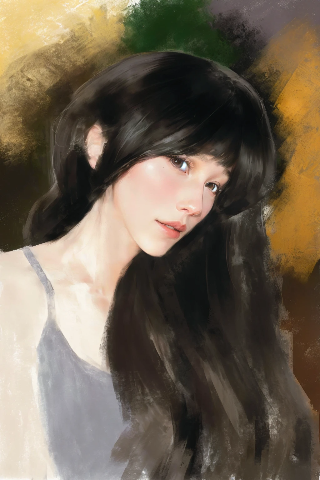 A portrait of a woman with long hair wearing a gray shirt, # 史上最伟大的 1 幅Digital Painting, #史上最伟大的 1 幅Digital Painting, 艺术Digital Painting, 风格Digital Painting, Numerical portrait, Painting in an anime artist studio, Digital Painting, Digital Painting, 一幅富有表现力的Digital Painting, Produced in collaboration with Anime Painter Studio, 软Digital Painting, Digital Style