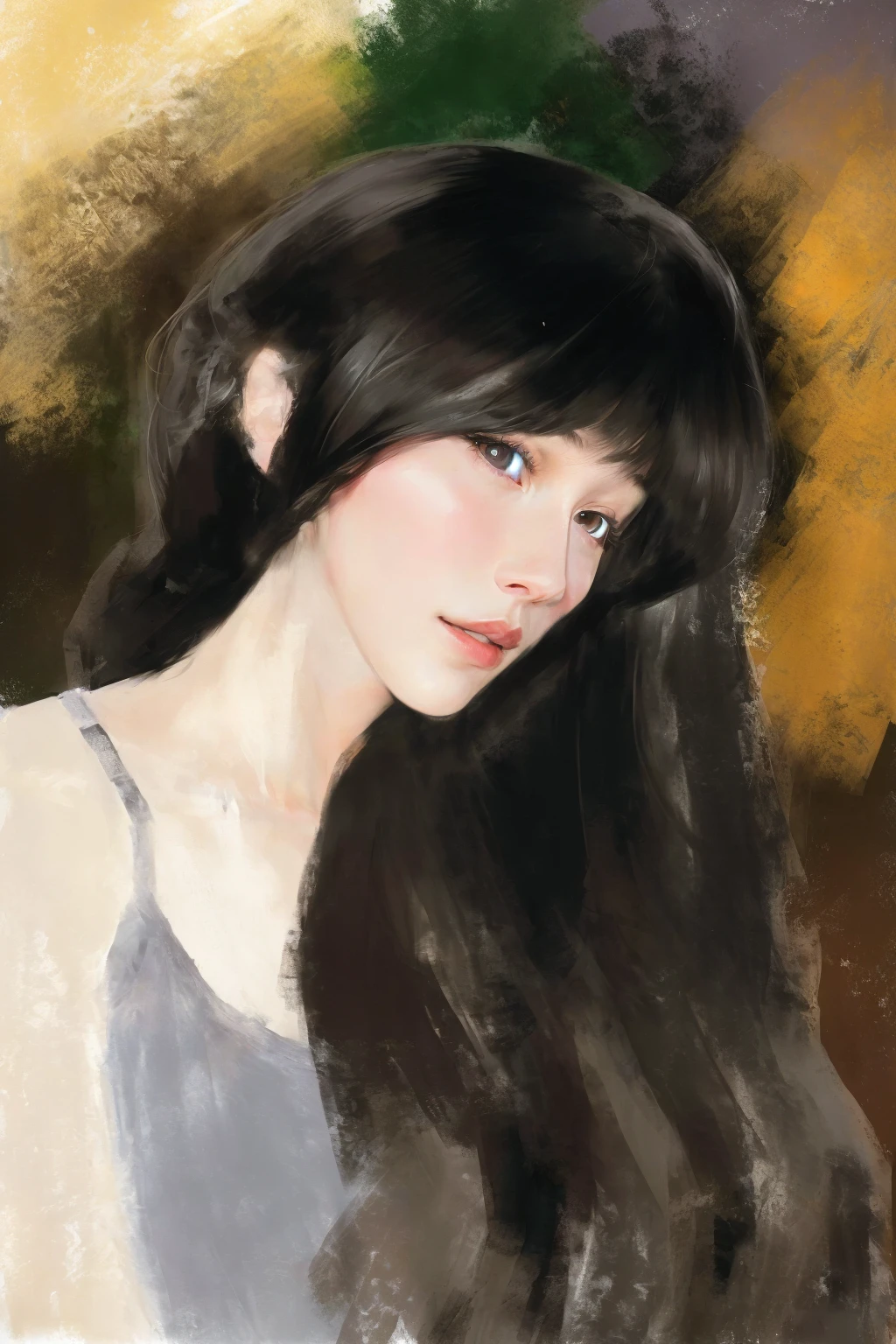 A portrait of a woman with long hair wearing a gray shirt, # 史上最伟大的 1 幅Digital Painting, #史上最伟大的 1 幅Digital Painting, 艺术Digital Painting, 风格Digital Painting, Numerical portrait, Painting in an anime artist studio, Digital Painting, Digital Painting, 一幅富有表现力的Digital Painting, Produced in collaboration with Anime Painter Studio, 软Digital Painting, Digital Style