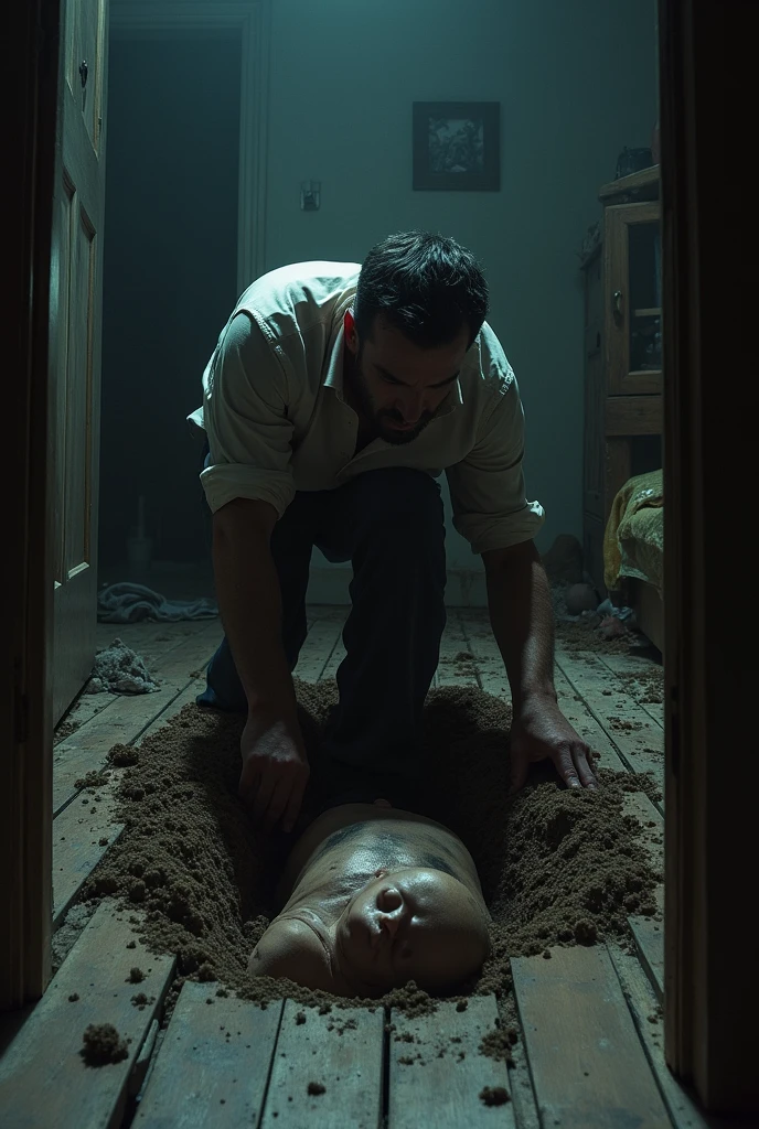 a man burying a corpse under the floor of his living room