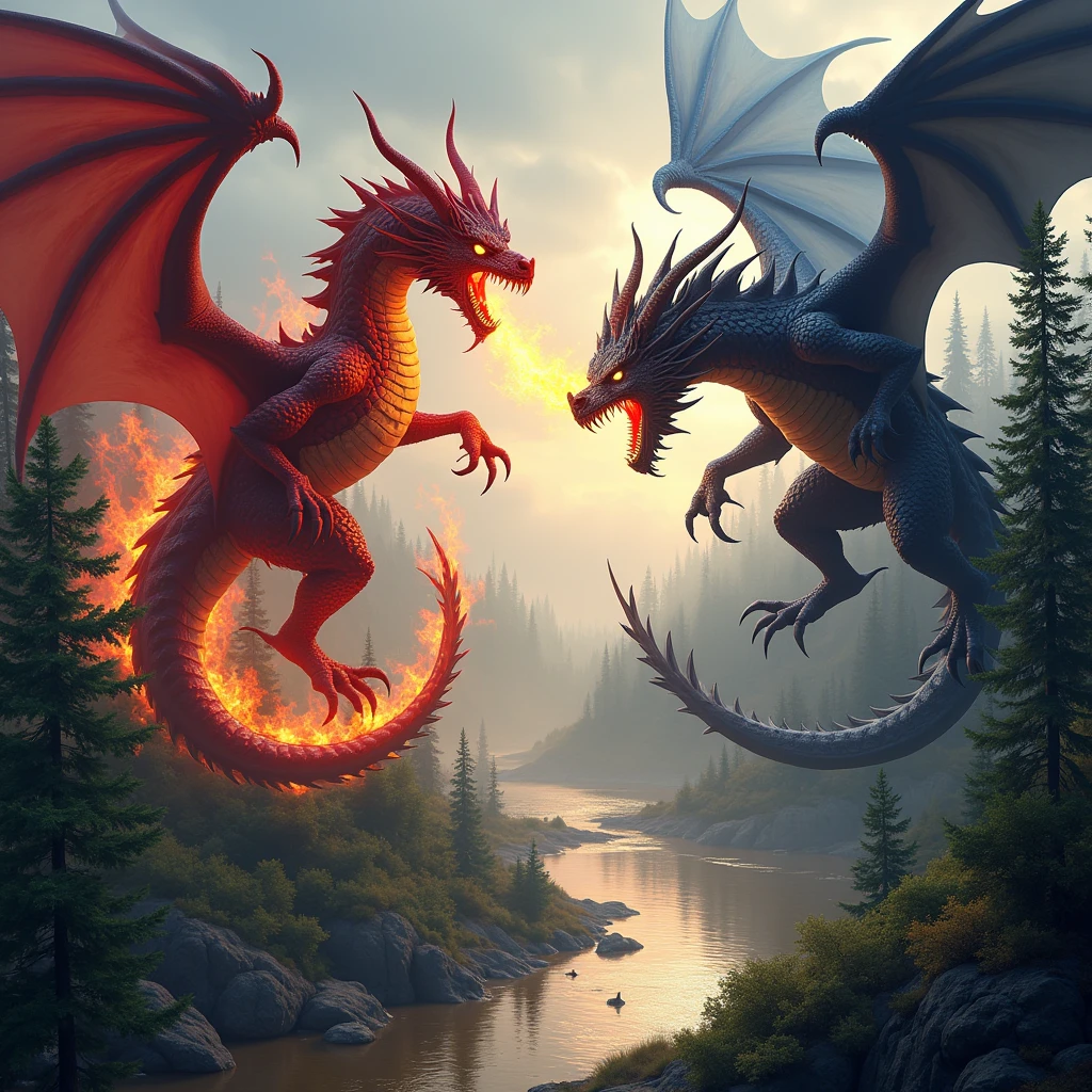 red dragon with blue eyes, black dragon with red eyes, battling, flame each other. background is forest with riverside