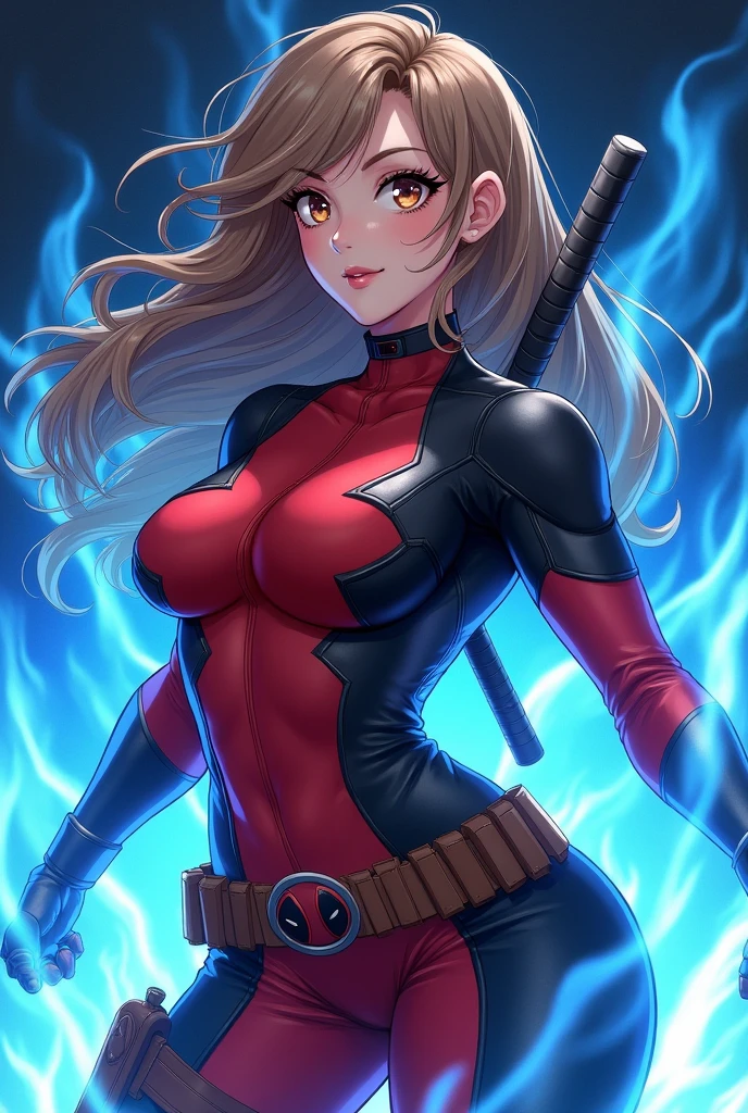 Light brown haired woman, White skin, Hansel eyes, hero suit deadpool, hourglass body, with blue flames behind, Anime my hero academia,