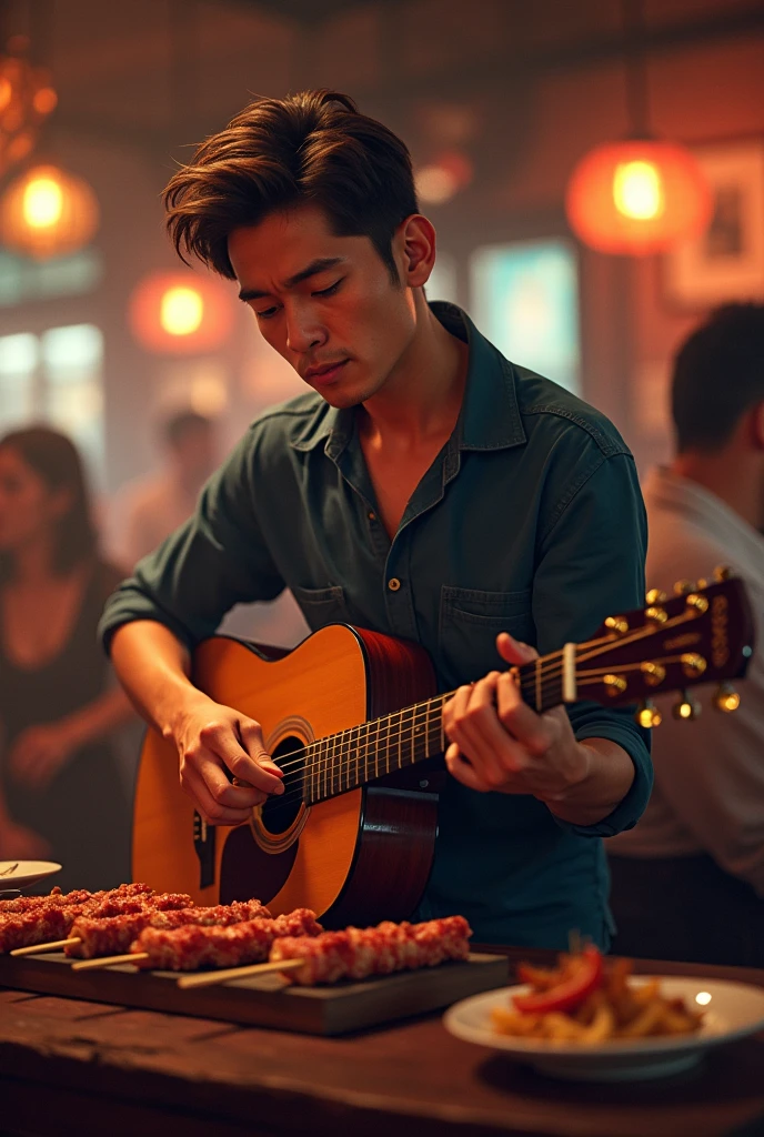 42-year-old young man with stomach pain making meat skewers and playing guitar in a bar