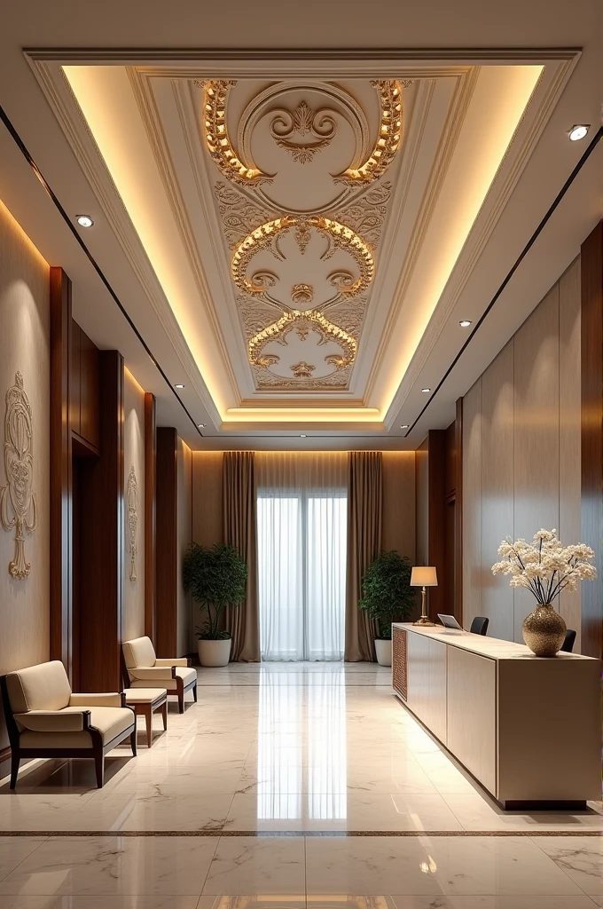 An office waiting and reception area having modren classical false ceilings