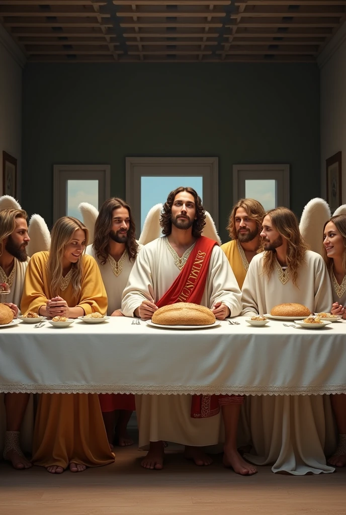 "Create 13 men for me: one representing Jesus Christ and 12 men representing the 12 apostles of Christ, all including Jesus Christ, in angelic clothing but without wings. They should all be seated in modern chairs around a long table, similar to Leonardo da Vinci's painting, with a beautiful tablecloth and several loaves of bread from that time on the table. Jesus Christ should be in the center, with 6 men to his right and 6 to his left, representing the 12 apostles. All should be dressed in angelic robes, without wings and in white garments, including Jesus Christ. The look should be more modern and adapted to the year 2024, with a more fashionable style. The only difference is that Jesus Christ should wear a sash over his left shoulder, descending to his right hip, with the phrase 'King of Kings' written on the sash over Jesus Christ."