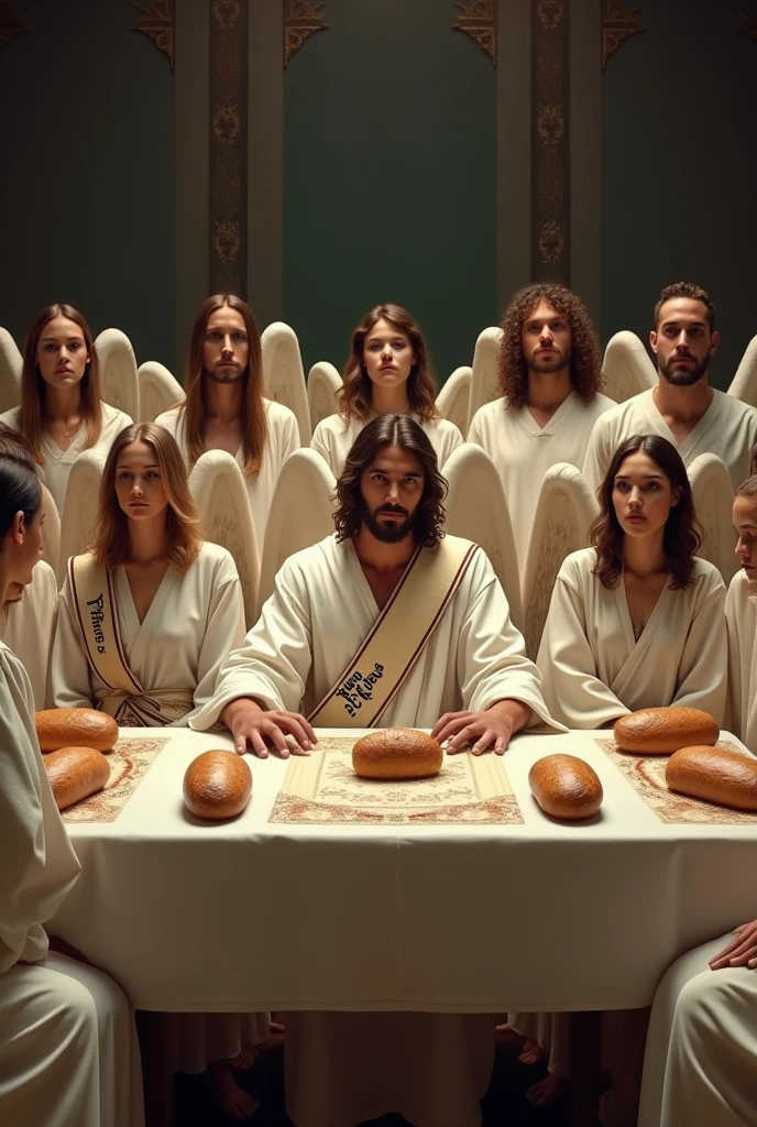 "Create 13 men for me: one representing Jesus Christ and 12 men representing the 12 apostles of Christ, all including Jesus Christ, in angelic clothing but without wings. They should all be seated in modern chairs around a long table, similar to Leonardo da Vinci's painting, with a beautiful tablecloth and several loaves of bread from that time on the table. Jesus Christ should be in the center, with 6 men to his right and 6 to his left, representing the 12 apostles. All should be dressed in angelic robes, without wings and in white garments, including Jesus Christ. The look should be more modern and adapted to the year 2024, with a more fashionable style. The only difference is that Jesus Christ should wear a sash over his left shoulder, descending to his right hip, with the phrase 'King of Kings' written on the sash over Jesus Christ."