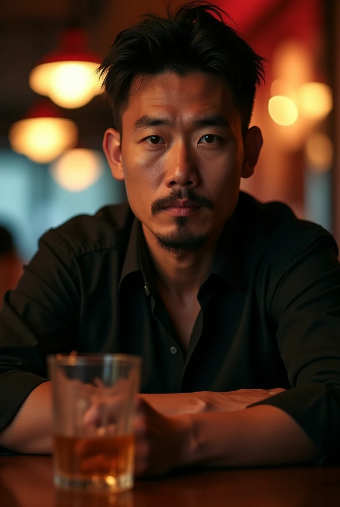 Portrait photography of A 40-year-old Thai man with a serious, intense expression, slightly furrowed brows, and a short, neatly groomed mustache and goatee. His face has a defined, angular structure with high cheekbones and a strong jawline. His eyes are sharp and penetrating, giving off a contemplative and somewhat somber look. He has a well-proportioned nose with a straight bridge and slightly flared nostrils. His lips are full and slightly pursed, adding to the intensity of his expression. His ears are average in size, lying close to his head. His hair is black, slightly tousled, and styled back in a natural, relaxed manner. He is wearing a dark-colored polo shirt and is sitting at a bar with a glass of liquor in front of him. The dim, warm lighting from the bar creates a moody atmosphere, accentuating his thoughtful and serious demeanor. , 8K, --ar 16:9