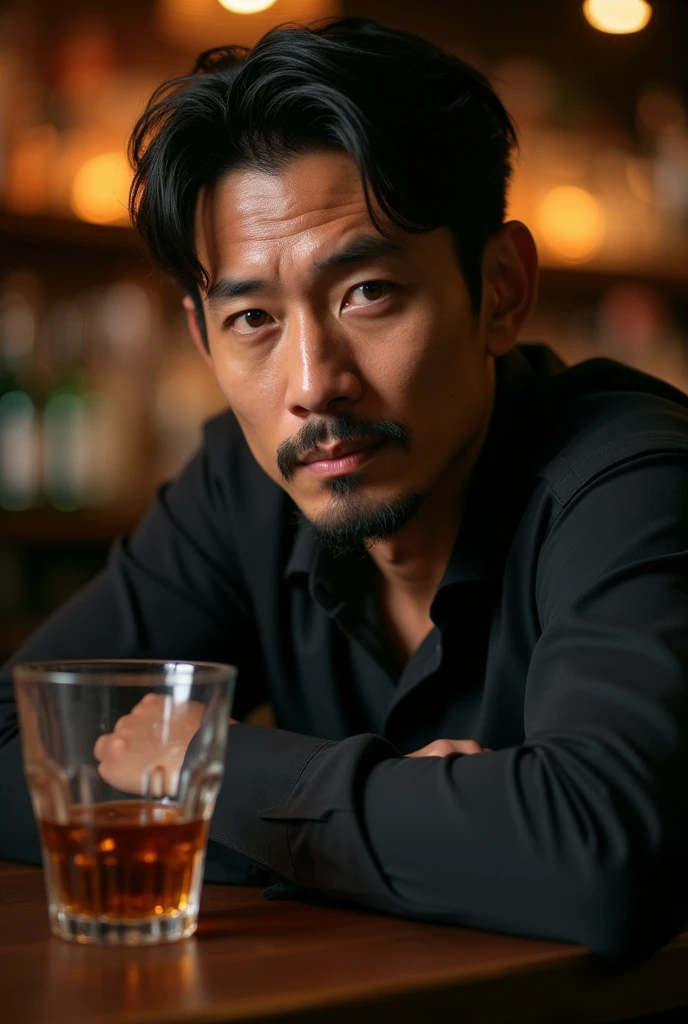 Portrait photography of A 40-year-old Thai man with a serious, intense expression, slightly furrowed brows, and a short, neatly groomed mustache and goatee. His face has a defined, angular structure with high cheekbones and a strong jawline. His eyes are sharp and penetrating, giving off a contemplative and somewhat somber look. He has a well-proportioned nose with a straight bridge and slightly flared nostrils. His lips are full and slightly pursed, adding to the intensity of his expression. His ears are average in size, lying close to his head. His hair is black, slightly tousled, and styled back in a natural, relaxed manner. He is wearing a dark-colored polo shirt and is sitting at a bar with a glass of liquor in front of him. The dim, warm lighting from the bar creates a moody atmosphere, accentuating his thoughtful and serious demeanor. , 8K, --ar 16:9