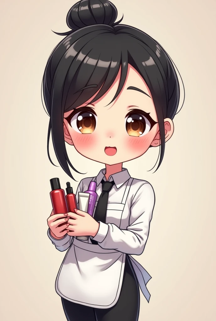 20-year-old woman with short, black hair tied up in a bun, Brown eyes, with red lips, wears a white shirt, tie, black pants and apron, is holding beauty products, chibi anime style