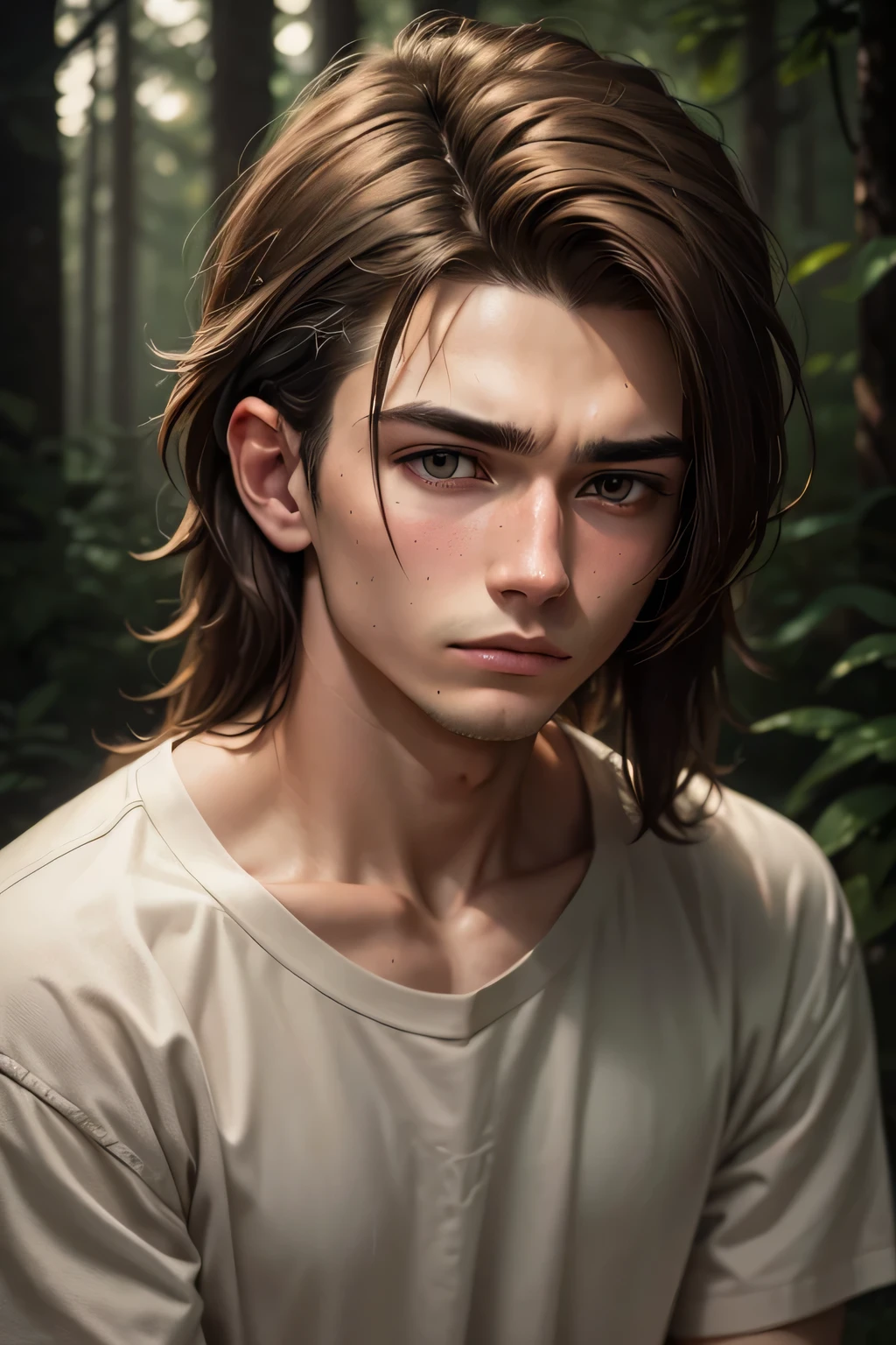 19 year old boy with brown short mullet hairstyle, sad and depressed and tired expression, wearing simple brown black and white clothes, cabin in forest, wild side, portrait, high quality, ultra detailed, realistic, photorealistic, HDR, UHD, studio lighting, ultra fine painting, sharp focus, physically based rendering, extreme detail description, professional, vivid colors, bokeh