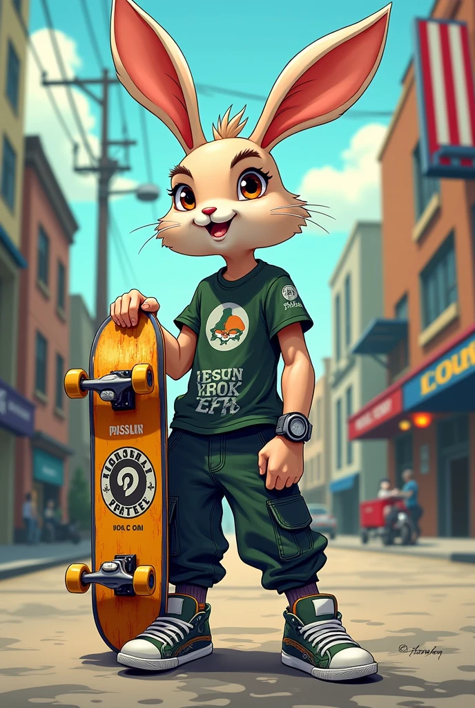 Human Rabbit, in skater clothes, holding a skateboard