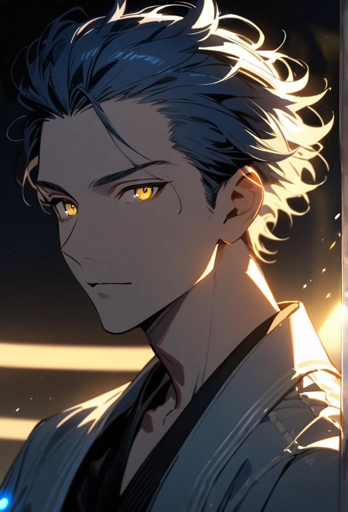 Handsome, solo, 1 man, blue hair, yellow eyes, 1 man, handsome, male, short hair, detailed, Hair Slicked Back, Messy Hair, Glowing Light, Bright PupilsVery Short Hair, Hair Pulled Back,