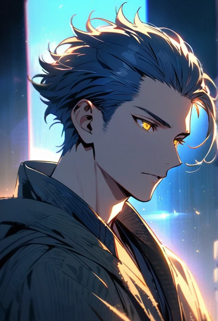 Handsome, solo, 1 man, blue hair, yellow eyes, 1 man, handsome, male, short hair, detailed, Hair Slicked Back, Messy Hair, Glowing Light, Bright PupilsVery Short Hair, Hair Pulled Back,