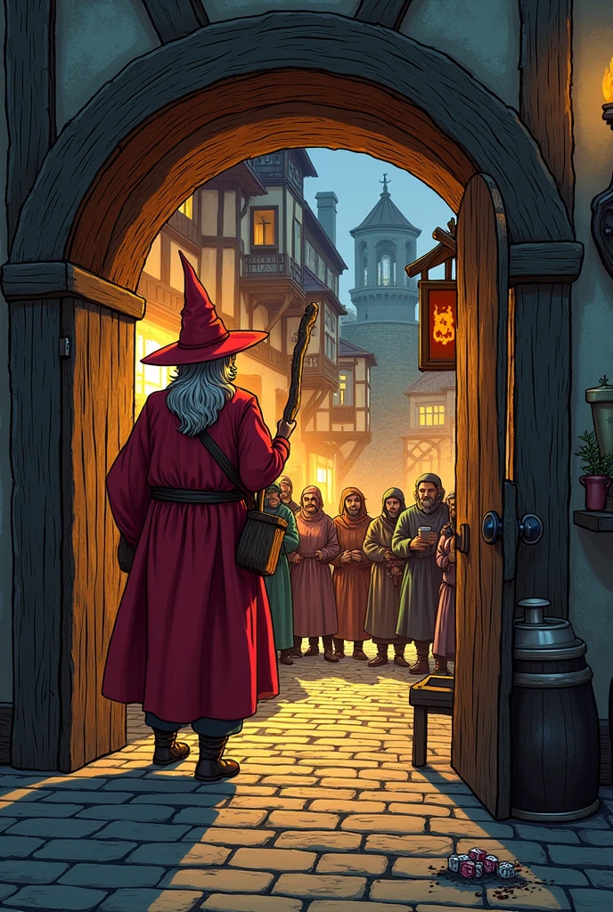 Make a tavern with people from a medieval universe there, where in the background of the image there is the entrance to the tavern with an old wizard with a red pointed hat and red clothes and a wooden staff arriving at the place and just looking around. Make an art that is comic book style 