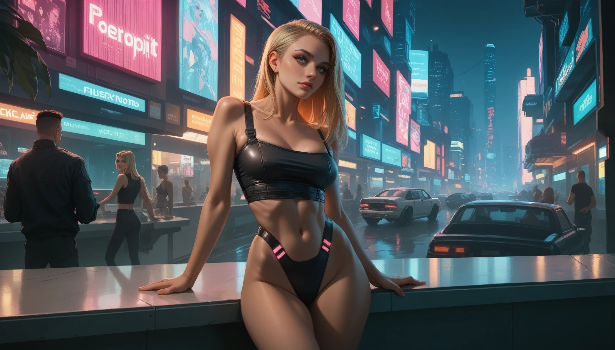 beautiful woman. blonde. sexy. cyberpunk, neonlights, future. prostitude, lederkombi. babe, big booty