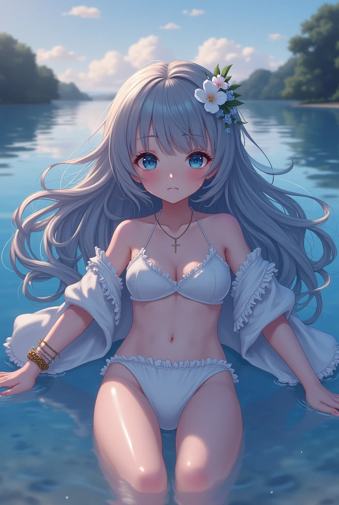 ((Girl Kawaii)), (a extremely delicate and beautiful ), Beautifully drawn, cute, ((Digital Sensation)), (best detailed girl), lying in the lake, Wet, , young, Make your long hair fluffy, Hair with flowers, (Grey Hair), cute face, Embarrassing, Intricate details、Beautiful and delicate eyes, Mouth closed, (Large Breasts), Thighs, Pale blue eyes, White skin, Frills, hair band, Cross Necklace, bracelet, (White Bikini), cardigan, White clothes, (Beach), (Twilight Sky), Backlight, (((wallpaper 8k CG))), ((Absurd)), masterpiece,