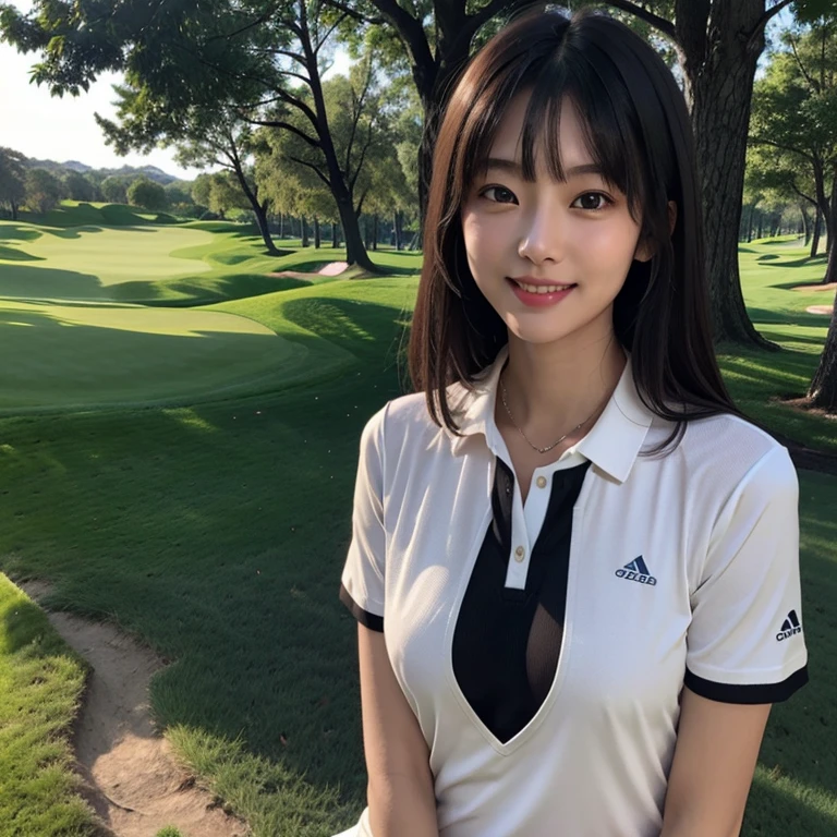 Masterpiece、8k、Very realistic、Japanese、One person、woman、Skinny athletic model body、Flat Chest、tall、whole body、50 years old、(Hairstyle:Bangs(1.6))、Golf course、The best smile、clothing:Wearing golf clothes、